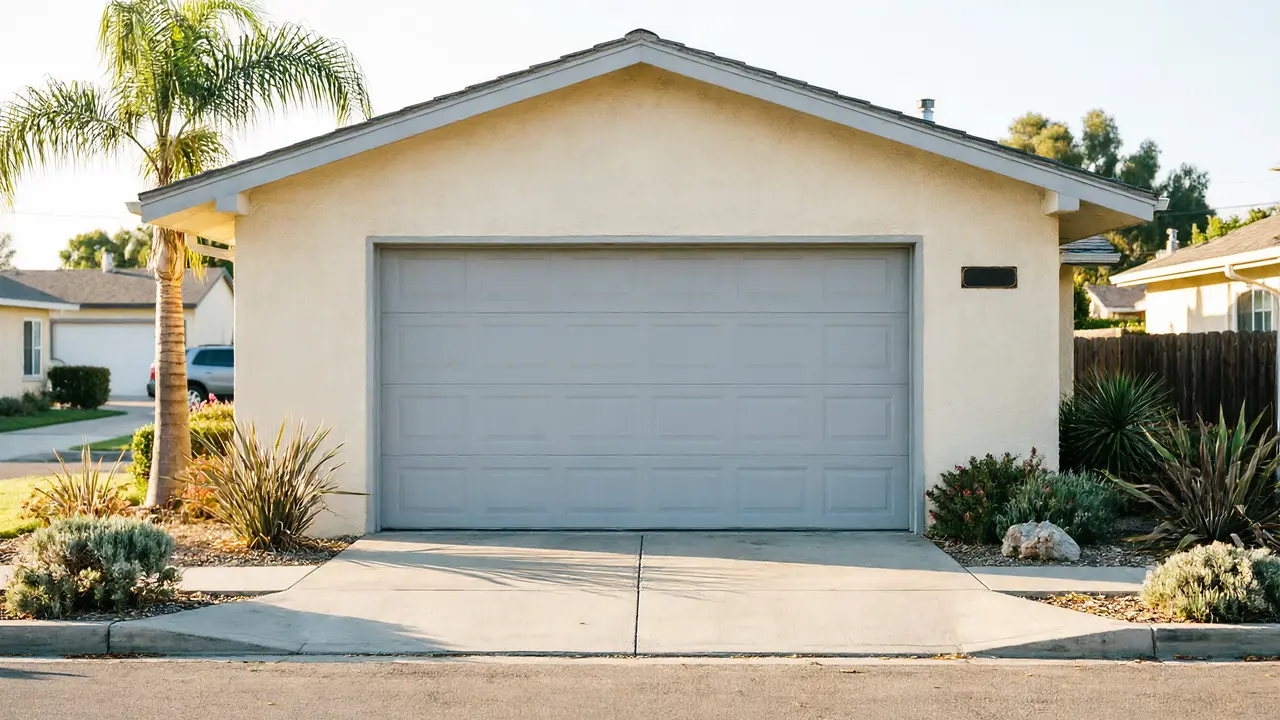 A light gray garage door is on a beige house with a palm tree.