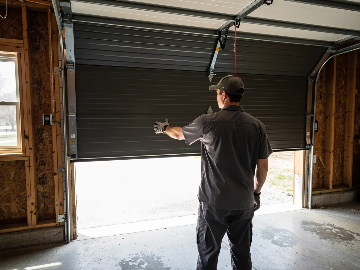 A technician in a gray shirt and cap stands in a garage, facing a partially open garage door.
