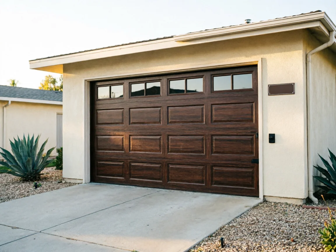 The house has a dark brown garage door with windows and a concrete driveway.