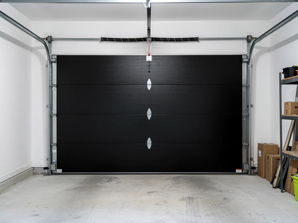 A black garage door is closed inside a clean garage with white walls.