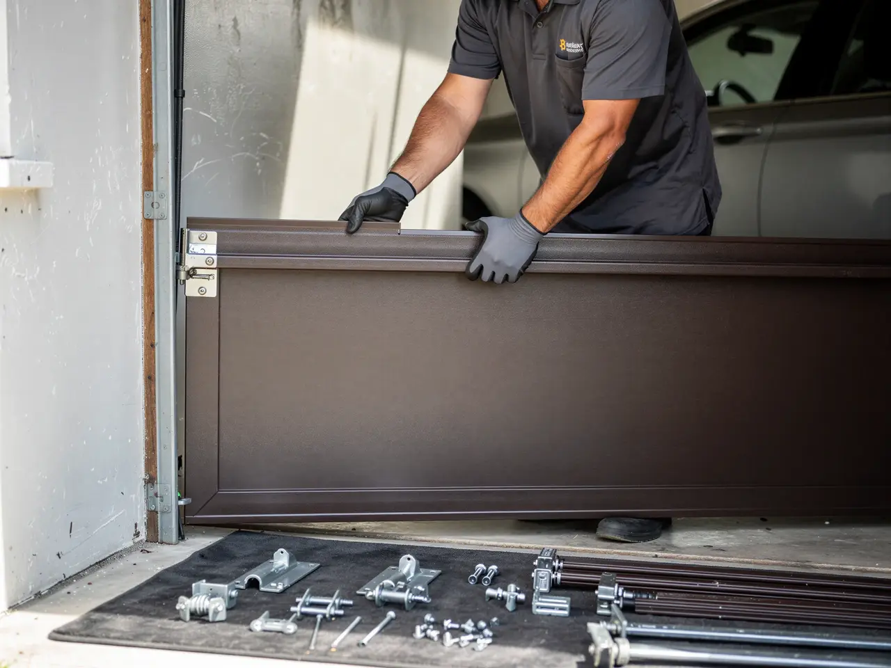 A technician installs a brown garage door panel with hardware on a mat.