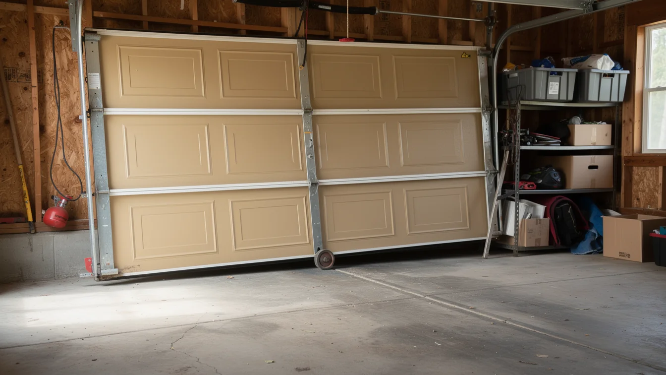 The tan garage door is off its track and leaning to the right.