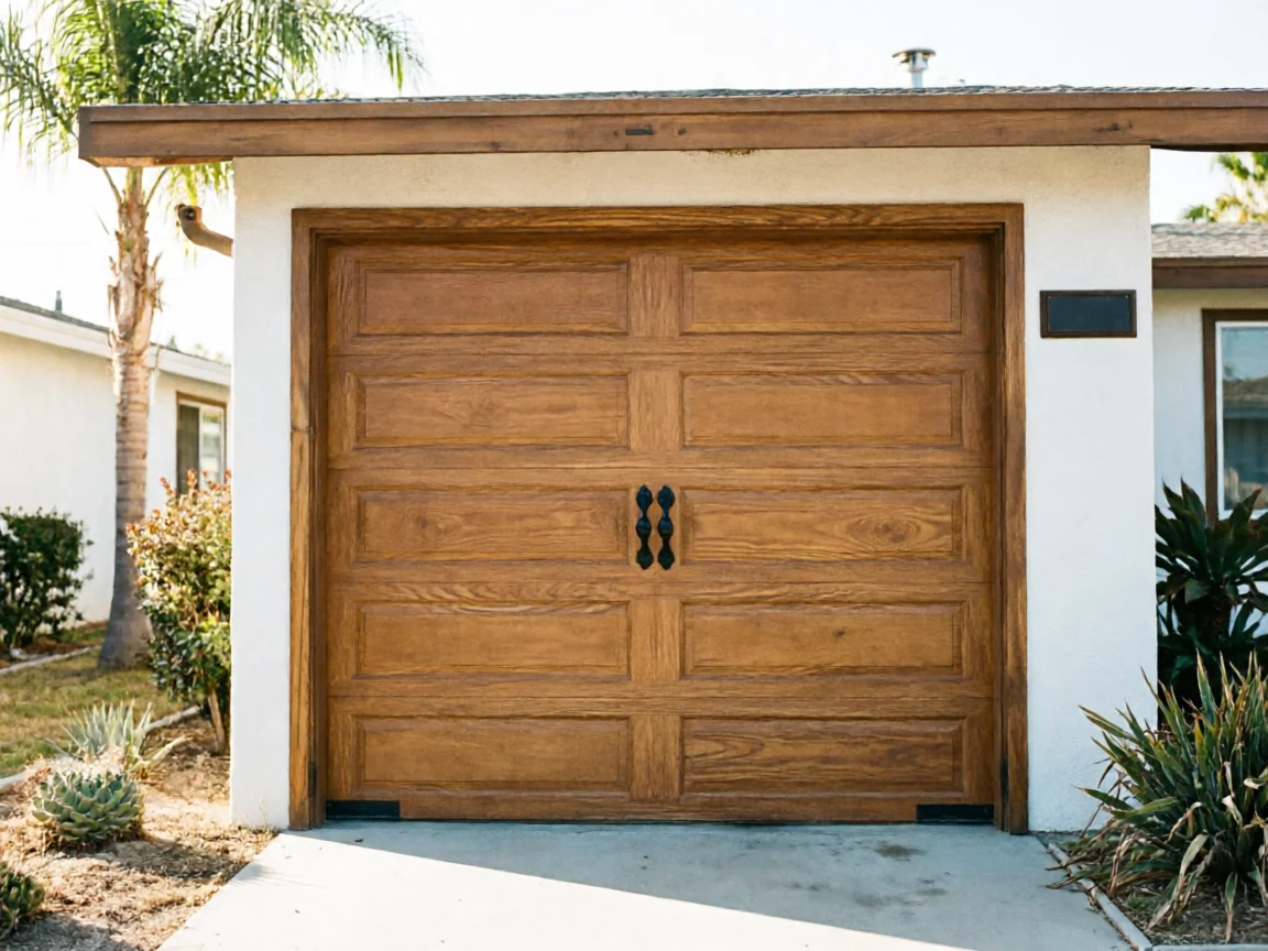 A brown wooden garage door with decorative black handles on a white house.